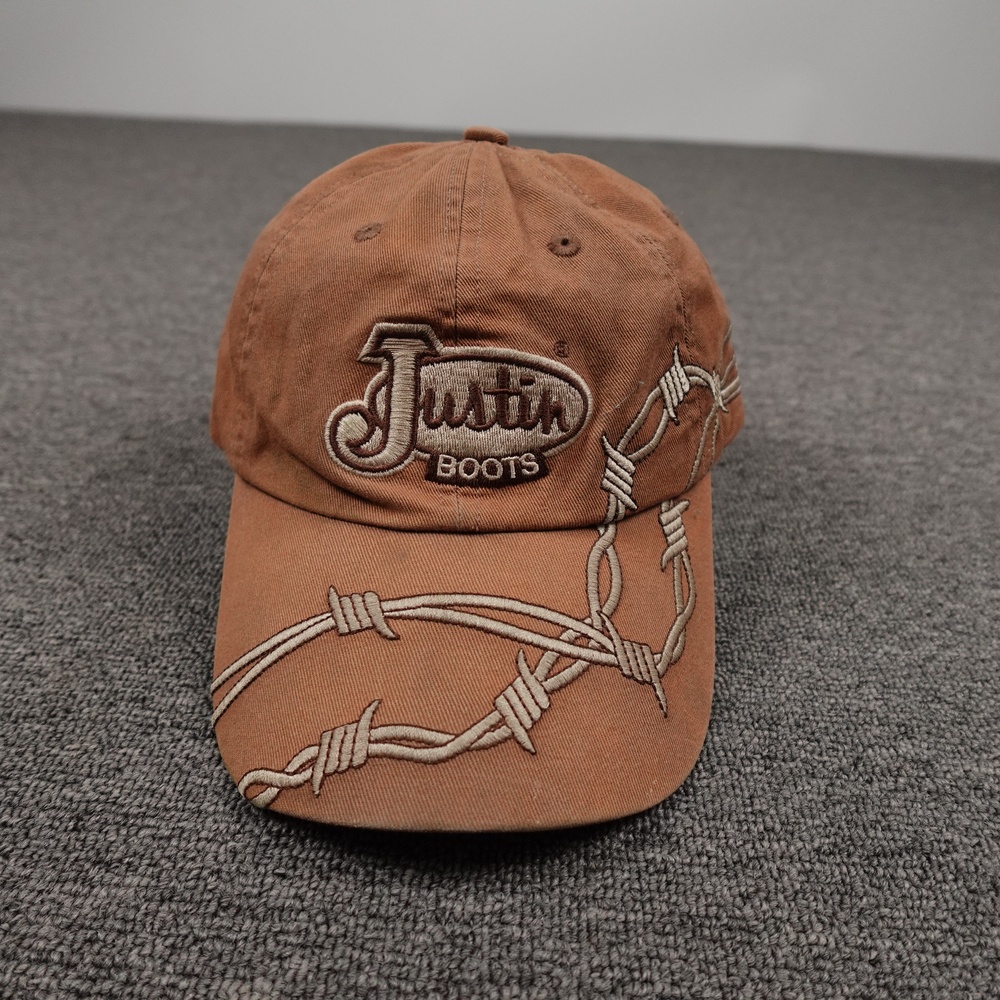Justin Boots Hat Cap Strap Back Mens One Size Brown Twill Barbed Wire Western